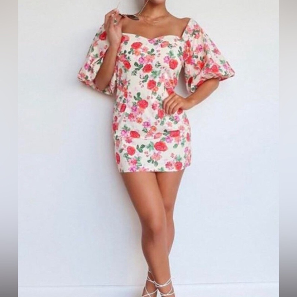 ZARA XS Floral Puffed Sleeves Mini Dress